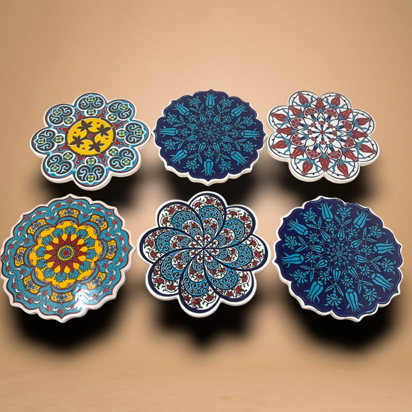 Lot 6 x Colorful Bohemian Ceramic Kitchen Trivets Scalloped Foam Backed 7" - Picture 1 of 8